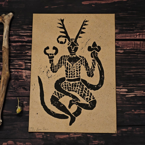 A4 Cernunnos Originial Hand Carved Folk Print