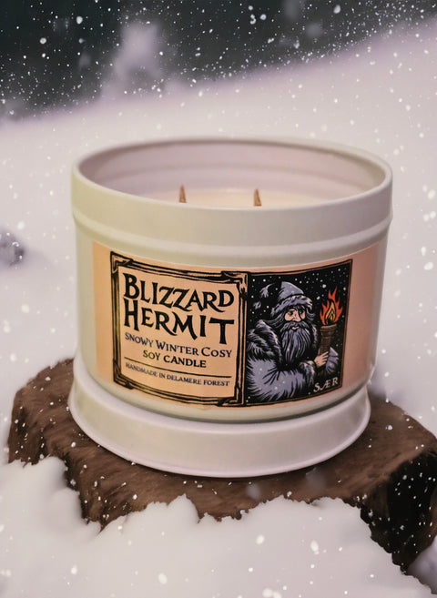 two wick Blizzard Hermit soy candle in snow storm